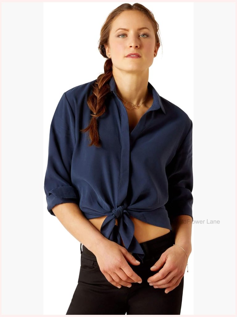 Button Down Tie Front Blouse Rayon Blend Solid